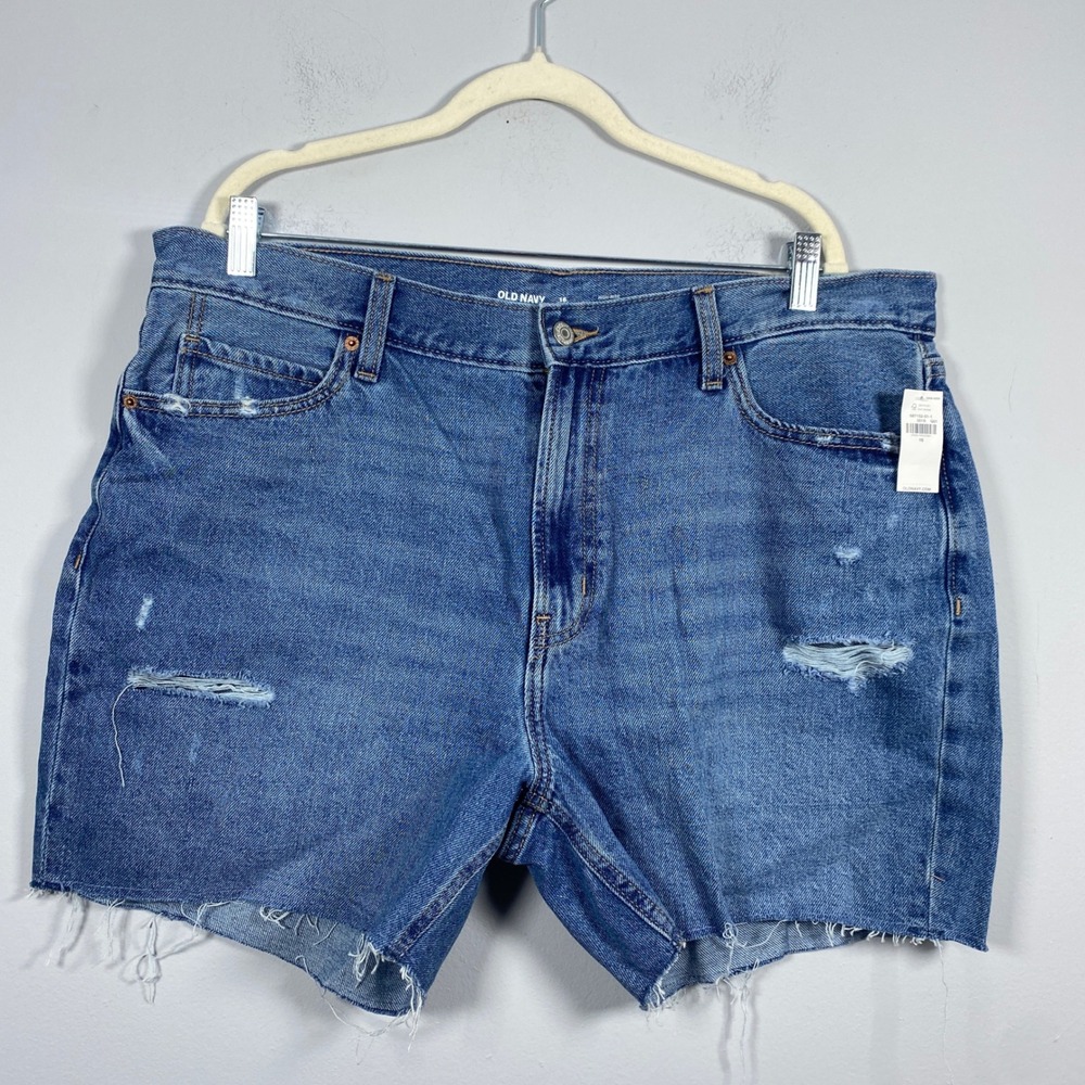 NWT‎ Old Navy Slouchy Straight Shorts Women's 16 Blue Distressed High Rise Denim